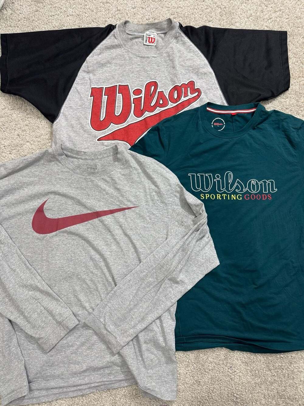 Lot of 3 Men's vintage Athletic Shirts: Nike Long Sleeve XL, Wilson Raglan XL, W
